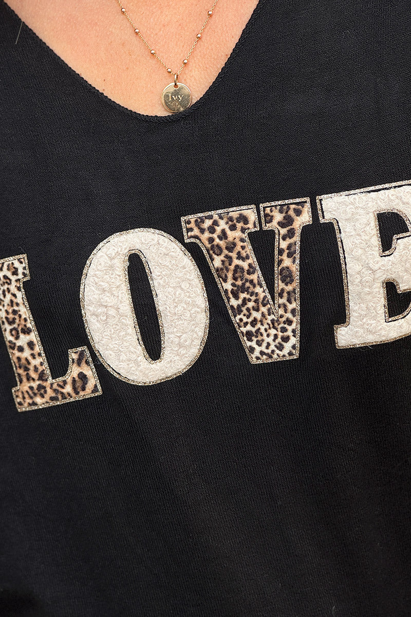 Black LOVE Leopard Applique V-Neck Long-Sleeve Tee