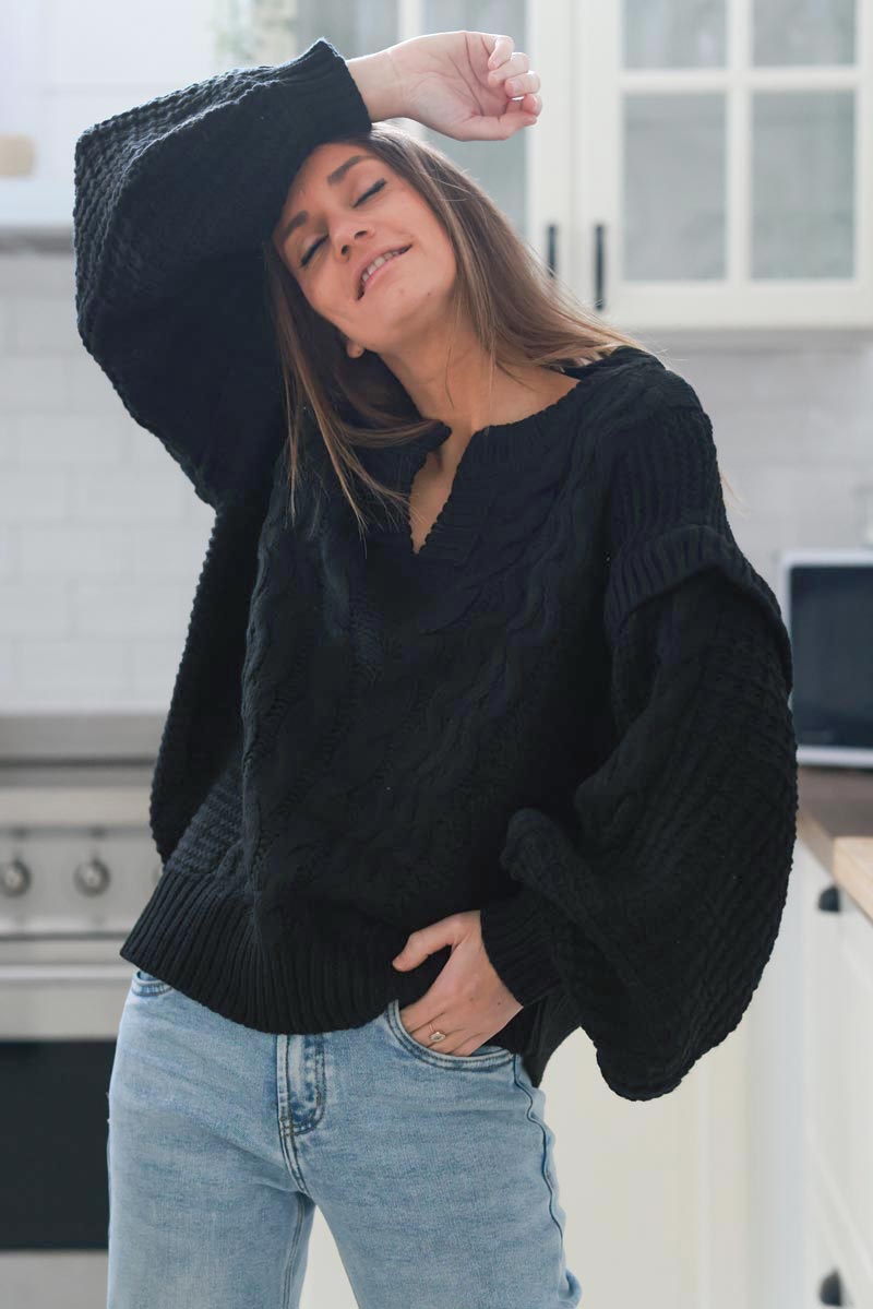 Black Mohair Knit Modern Cable Knit Sweater