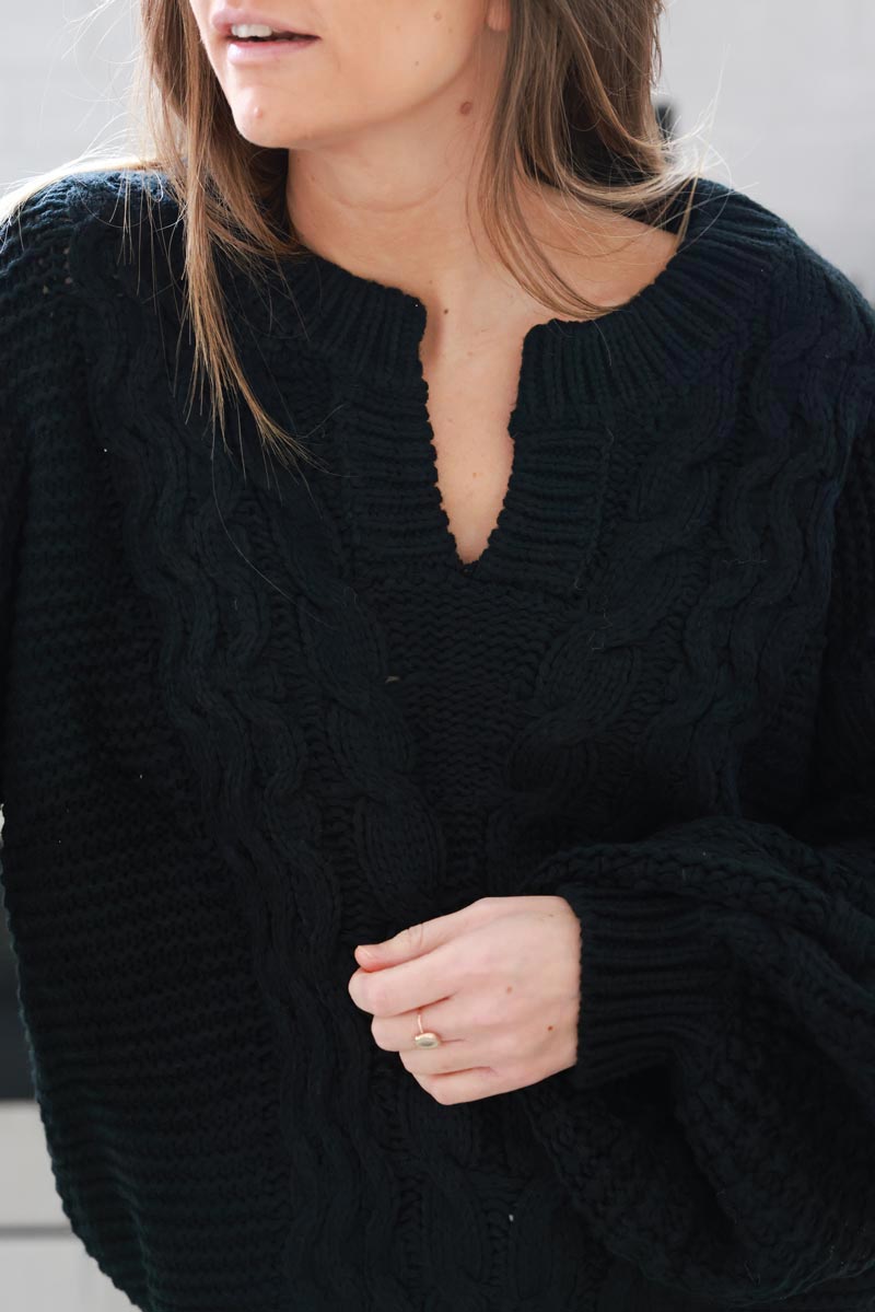 Black Mohair Knit Modern Cable Knit Sweater