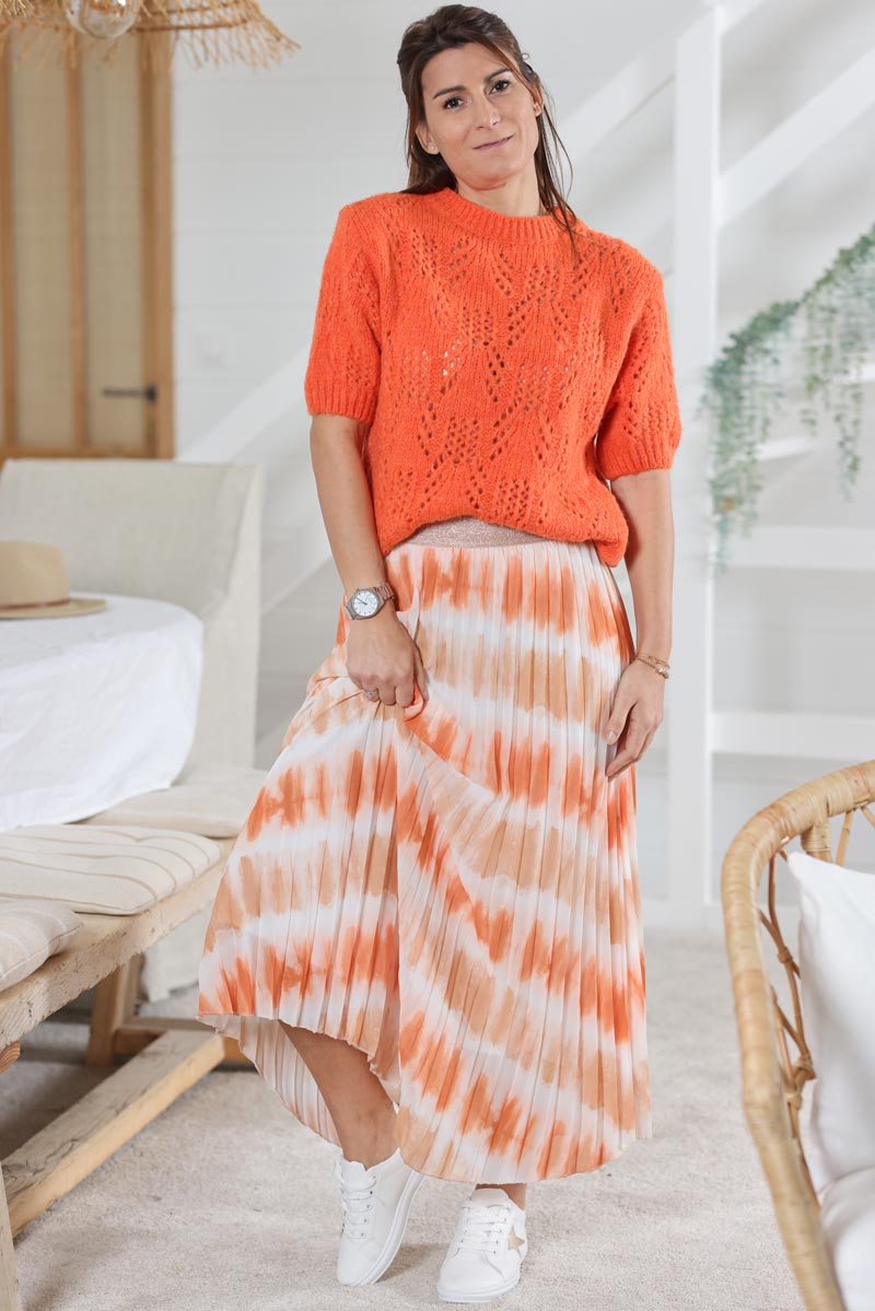 Pull orange en maille ajouree manches courtes G462 (1)