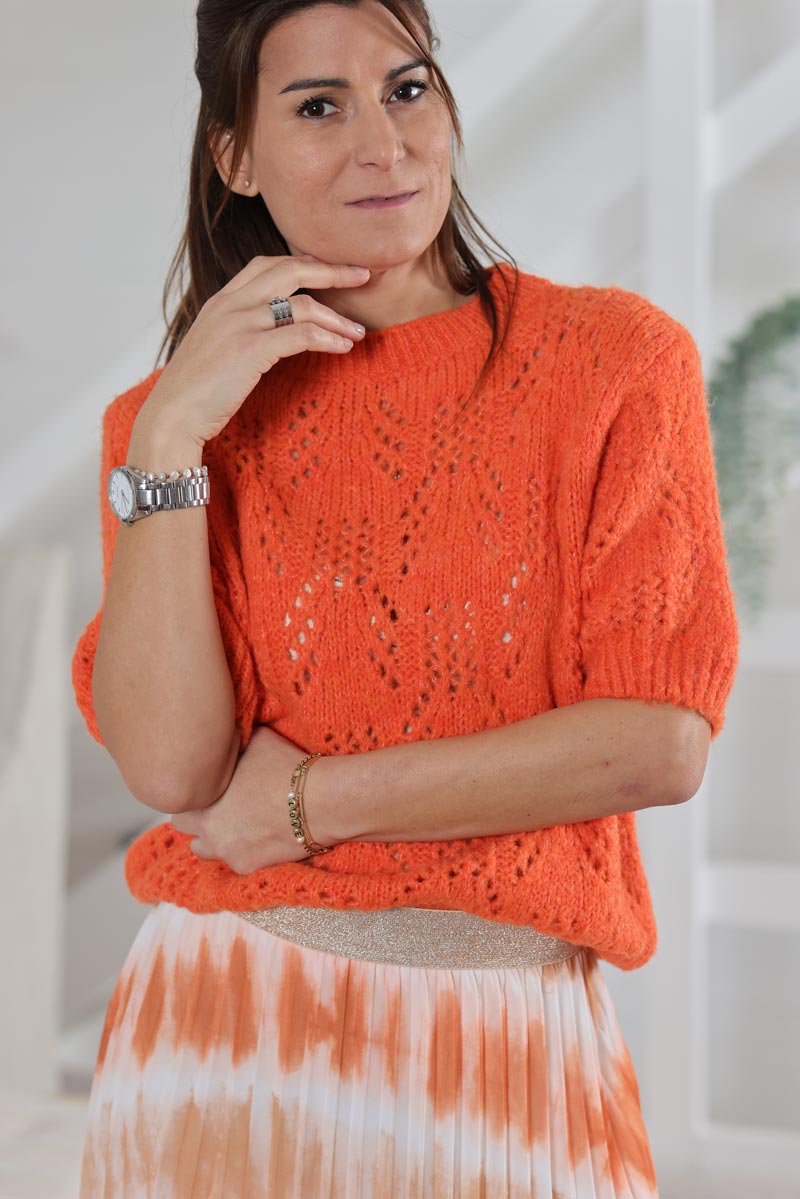 Pull orange en maille ajouree manches courtes G462 (1)
