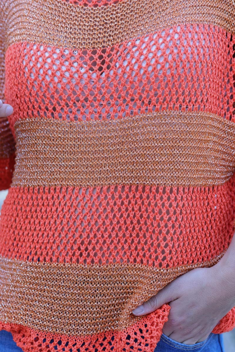 Pull orange grosse maille crochet rayures brillantes manches chauve souris h097 (1)