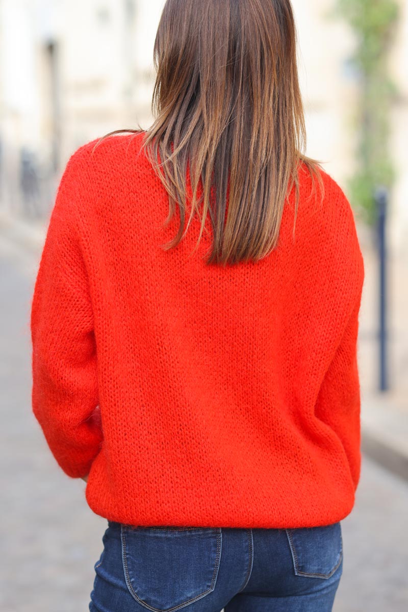 Pull orange sanguine grosses mailles col V G342 (1)