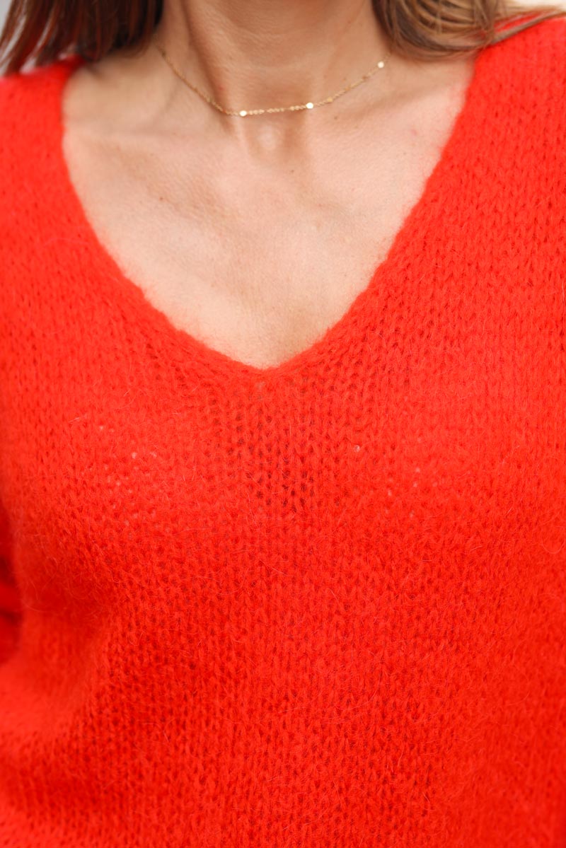 Pull orange sanguine grosses mailles col V G342 (1)