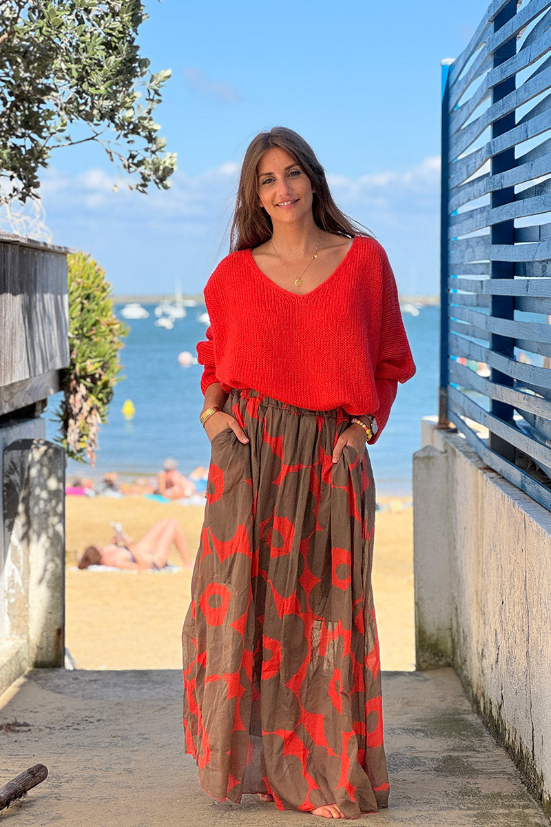 Blood orange Woollen v-neck Sweater with Batwing sleeves