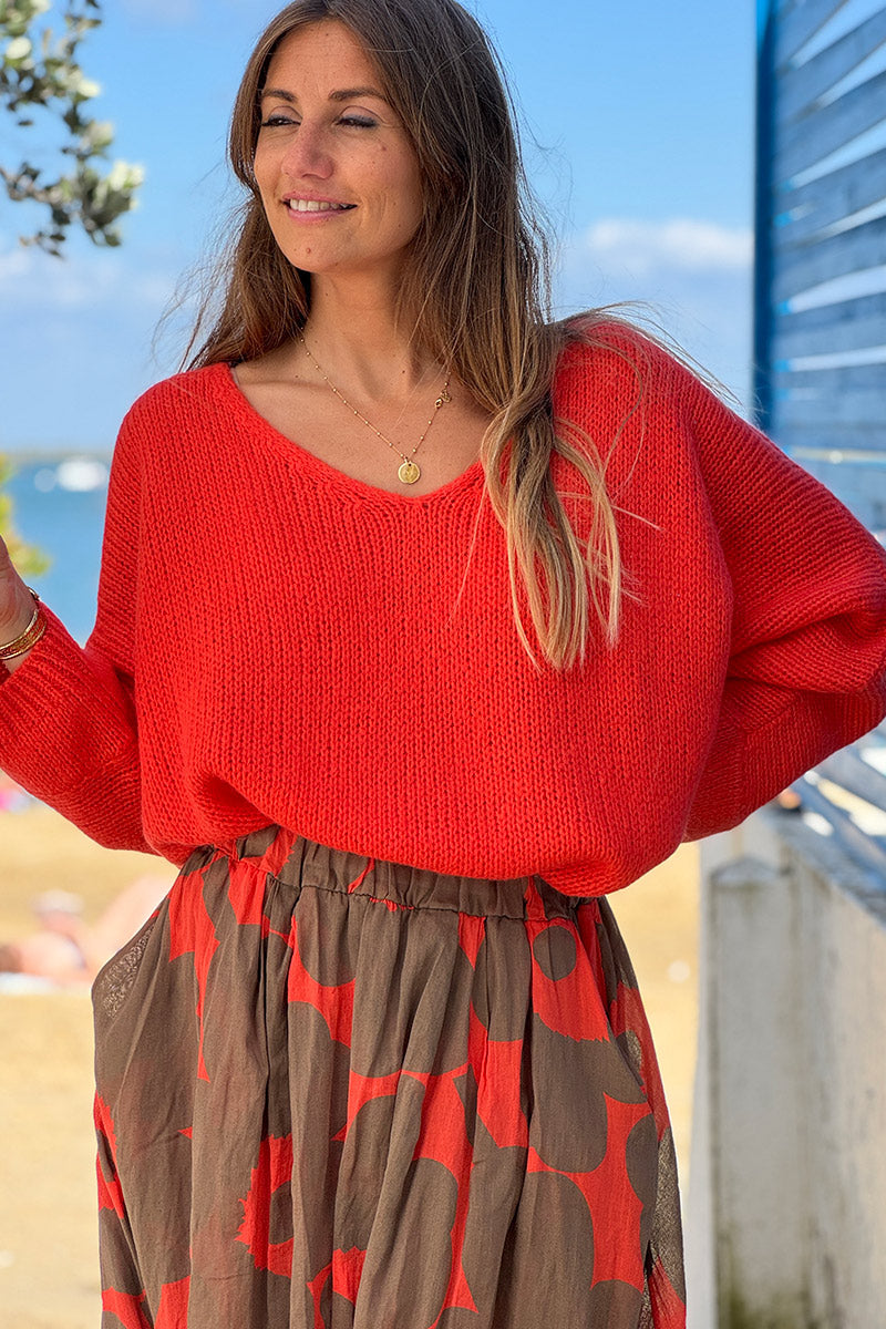 Blood orange Woollen v-neck Sweater with Batwing sleeves