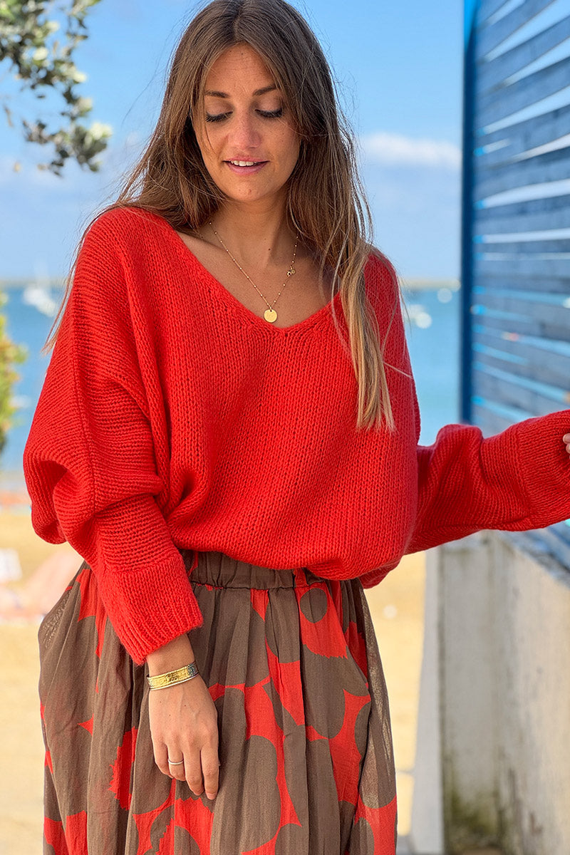 Blood orange Woollen v-neck Sweater with Batwing sleeves