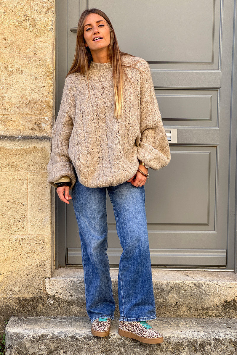 Beige Wool Blend Cable Knit Sweater