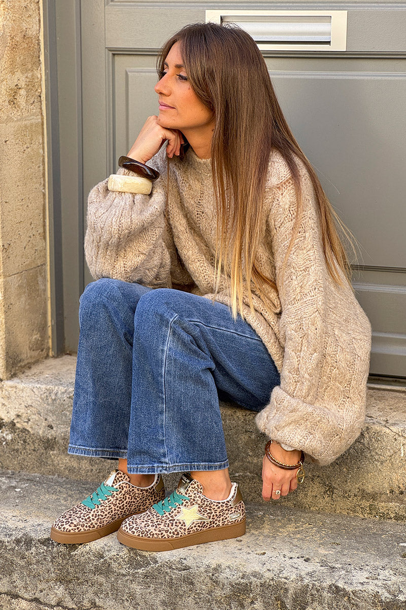 Beige Wool Blend Cable Knit Sweater