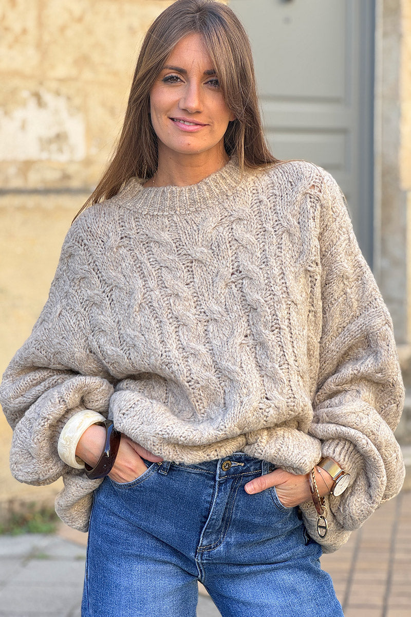 Beige Wool Blend Cable Knit Sweater
