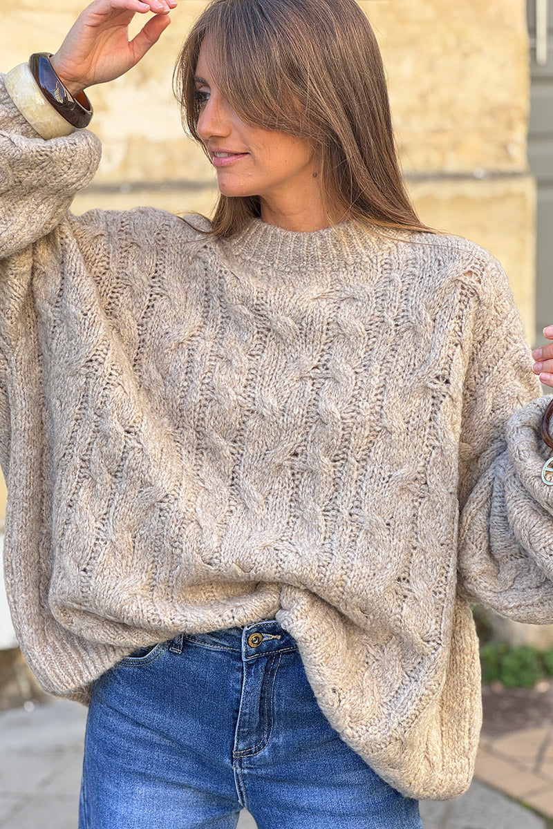 Beige Wool Blend Cable Knit Sweater
