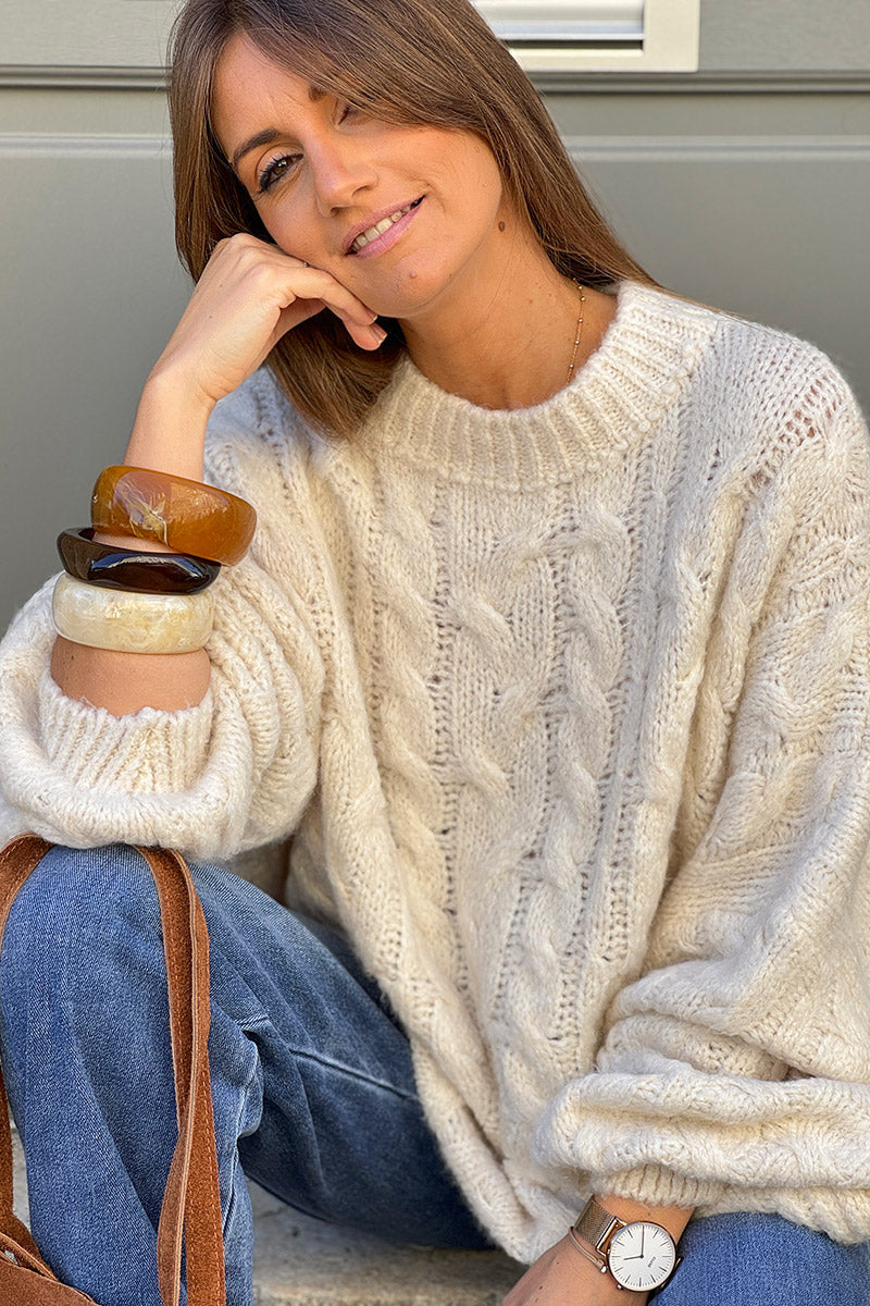Cream Wool Blend Cable Knit Sweater