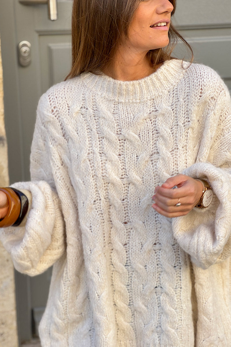 Cream Wool Blend Cable Knit Sweater