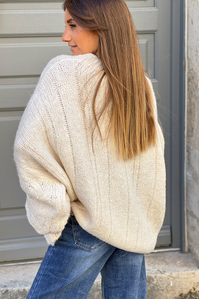 Cream Wool Blend Cable Knit Sweater