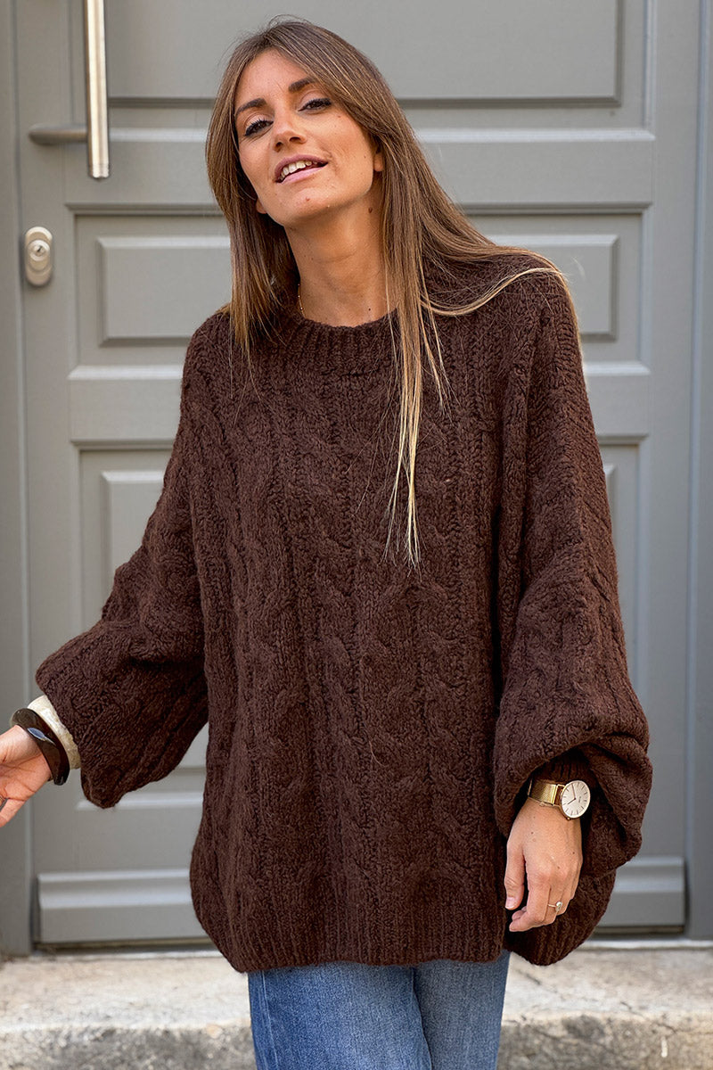 Chocolate Brown Wool Blend Cable Knit Sweater