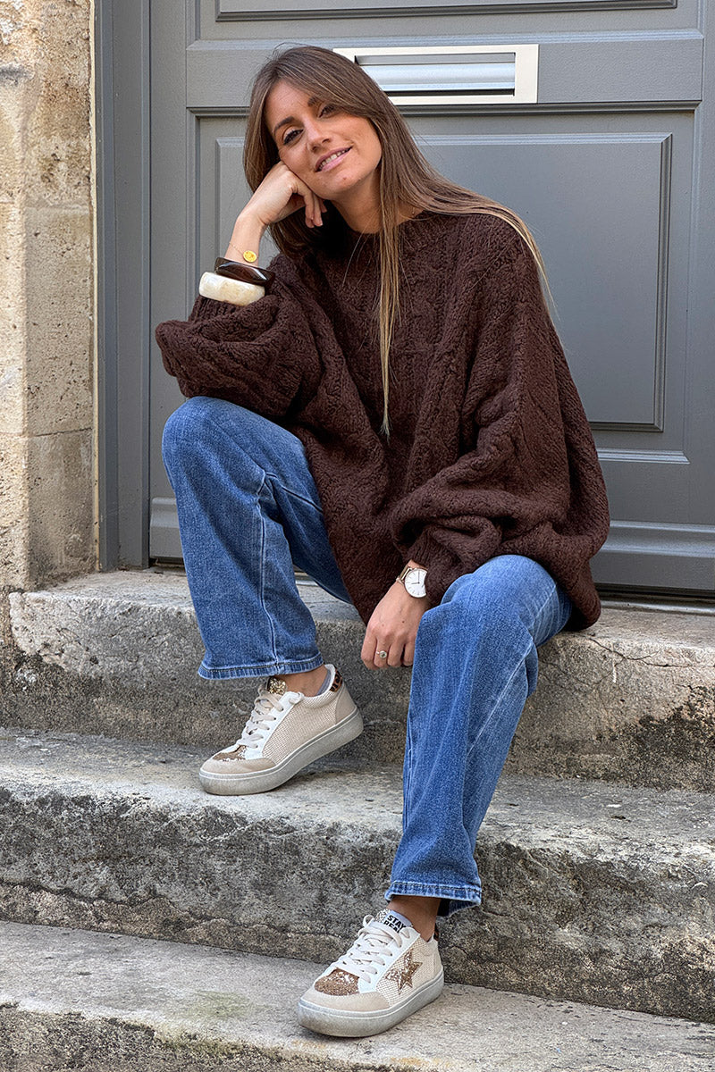 Chocolate Brown Wool Blend Cable Knit Sweater