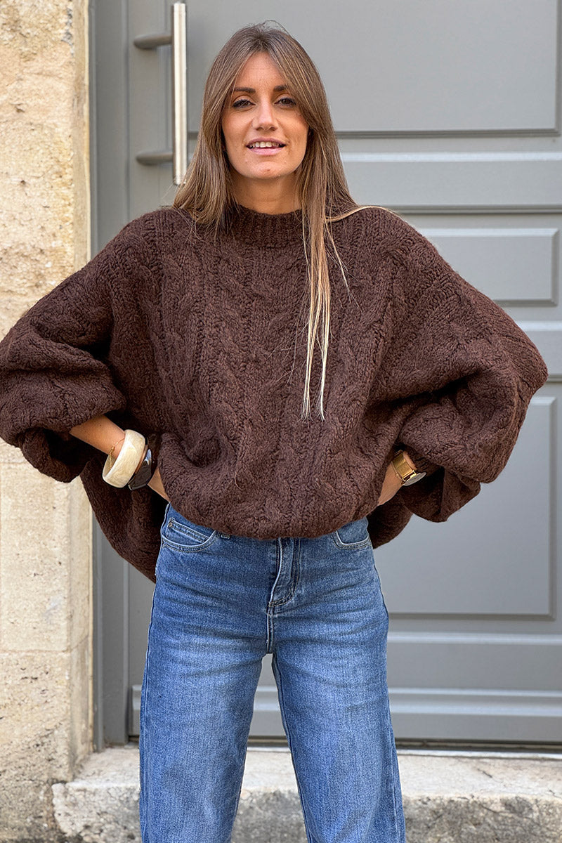 Chocolate Brown Wool Blend Cable Knit Sweater