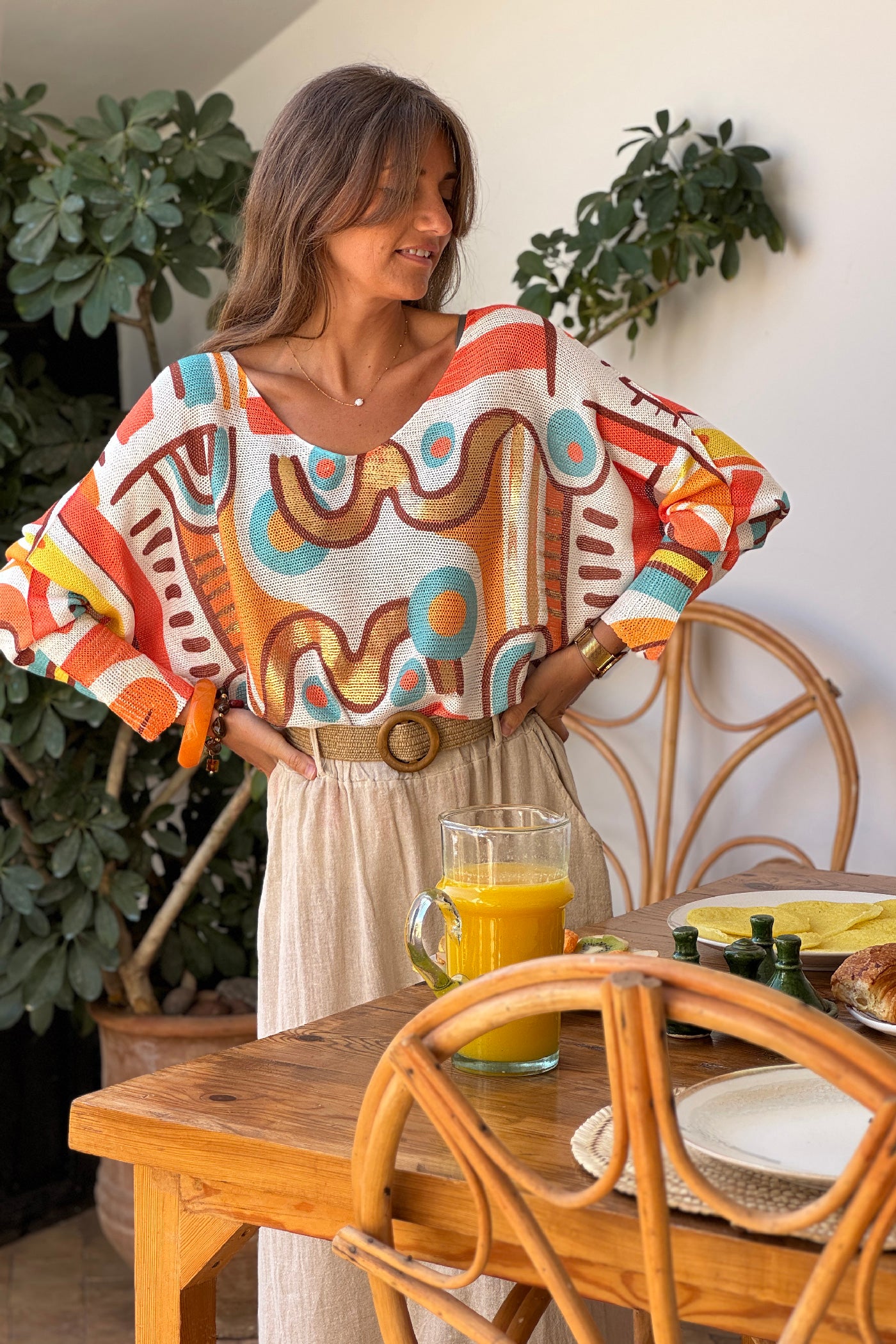 Orange Modern Art Knit Blouse