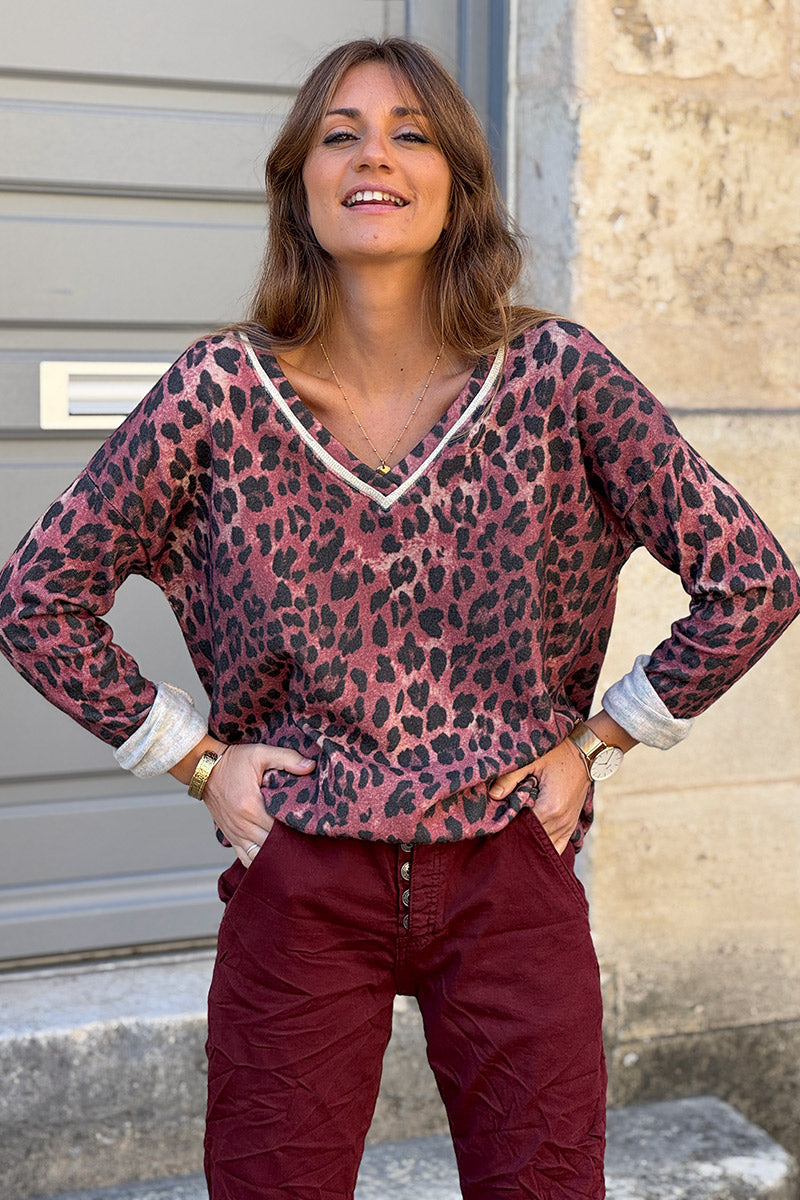 Pull petite maille laine aubergine imprime leopard