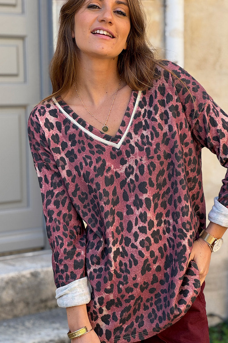 Pull petite maille laine aubergine imprime leopard