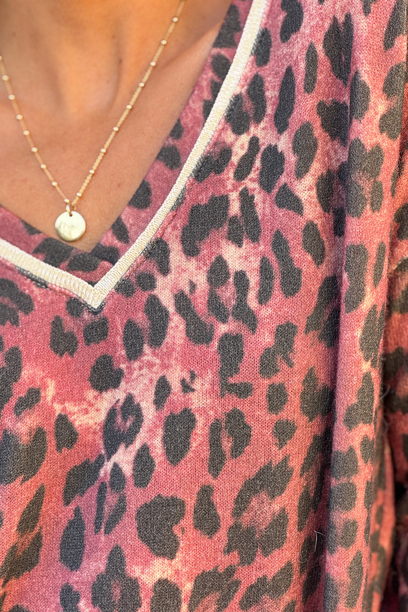 Pull petite maille laine aubergine imprime leopard