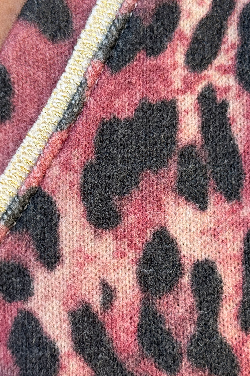 Pull petite maille laine aubergine imprime leopard