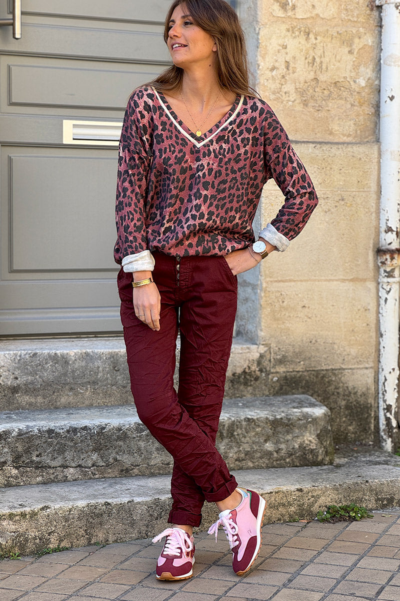 Pull petite maille laine aubergine imprime leopard