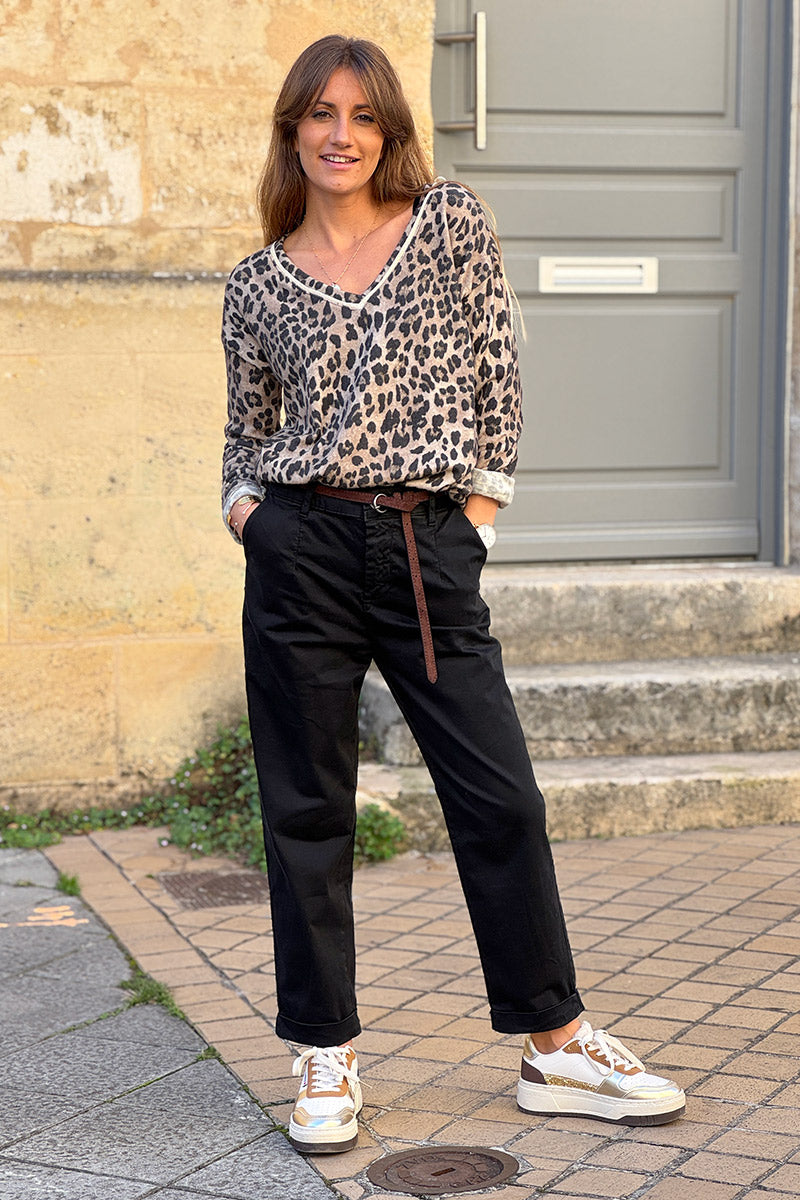 Cream Leopard Print V-Neck Sweater