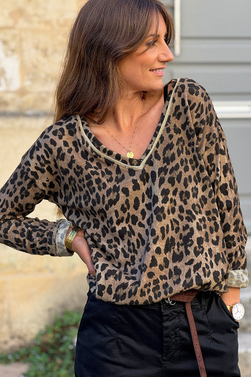 Pull petite maille laine camel imprime léopard