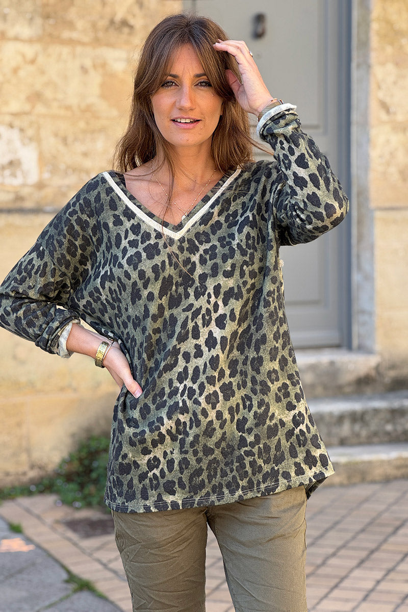 Pull petite maille laine kaki imprimé léopard