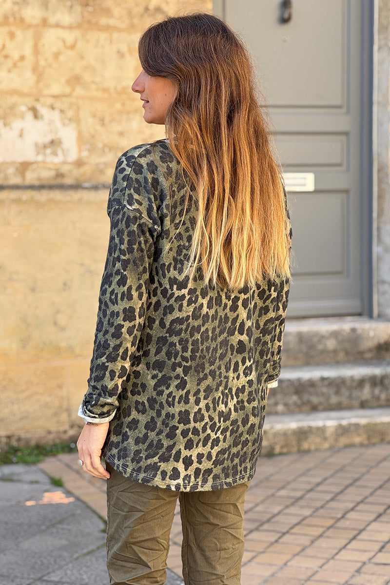 Pull petite maille laine kaki imprimé léopard