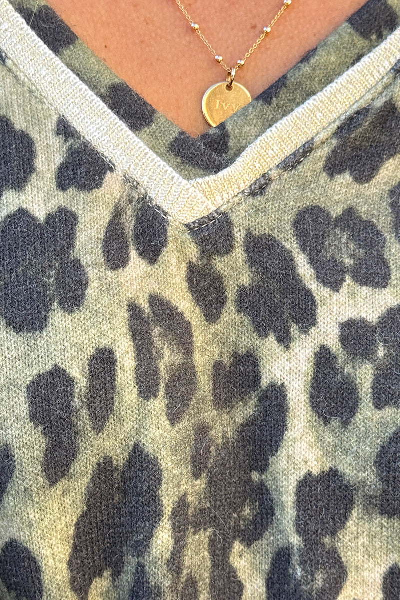Pull petite maille laine kaki imprimé léopard