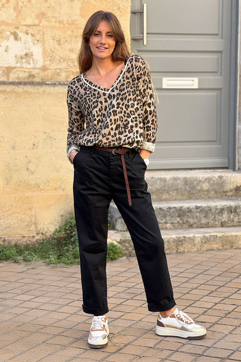 Light Brown Leopard Print V-Neck Sweater