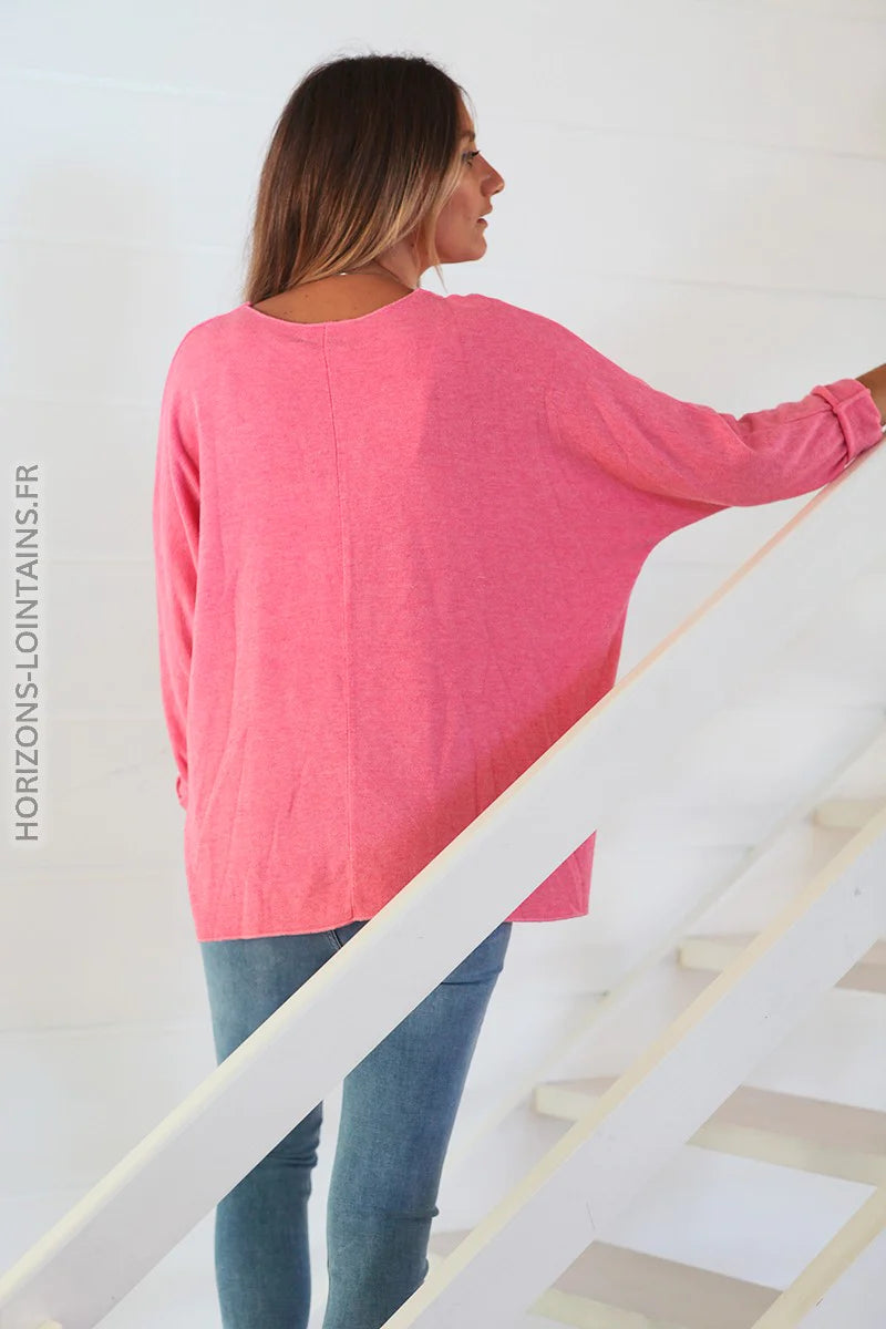 Pull fuchsia col v petite étoile sequins