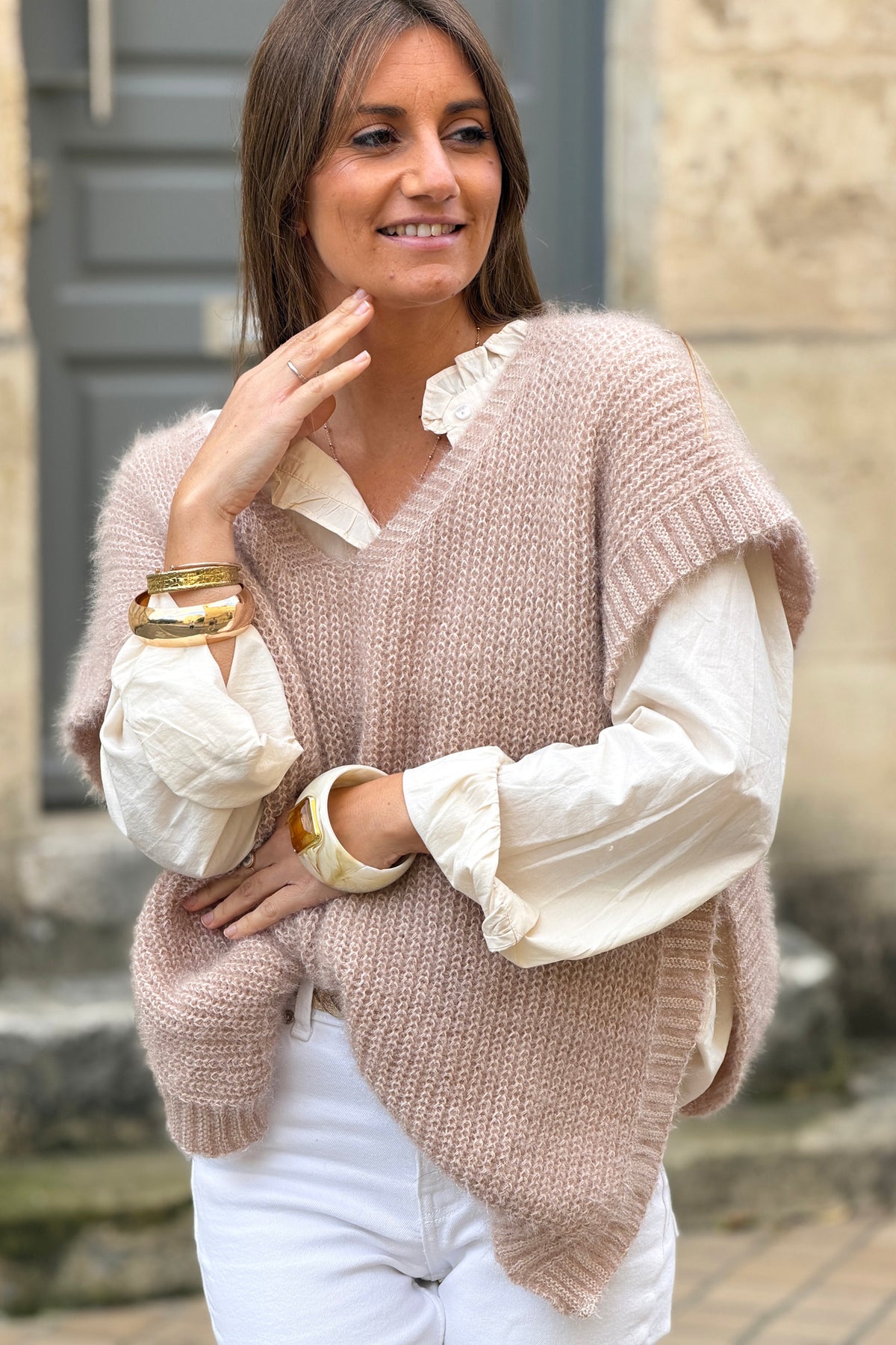 Cream V-Neck Cap Sleeve Mohair Sweater