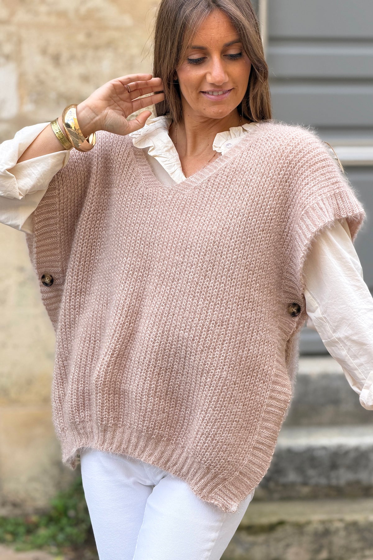 Cream V-Neck Cap Sleeve Mohair Sweater