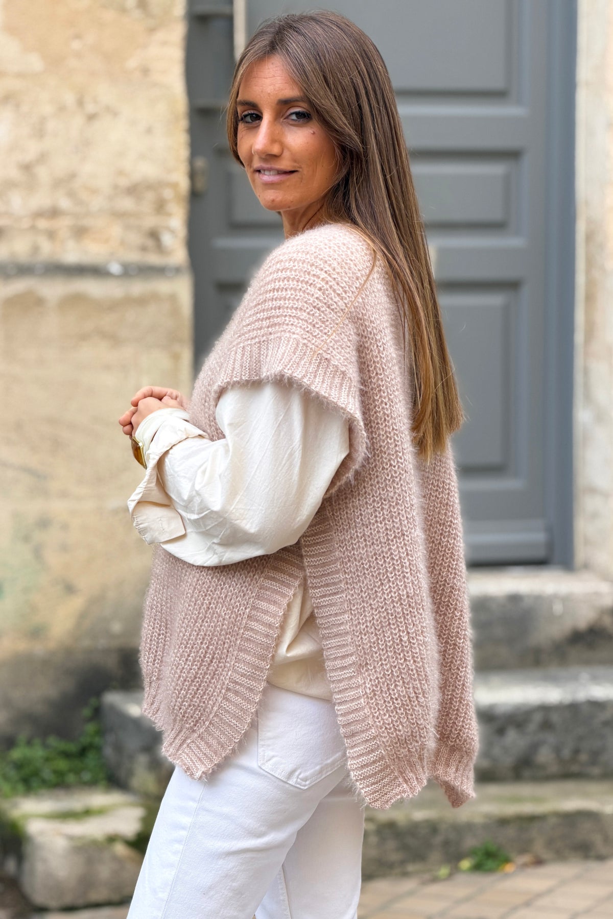 Cream V-Neck Cap Sleeve Mohair Sweater