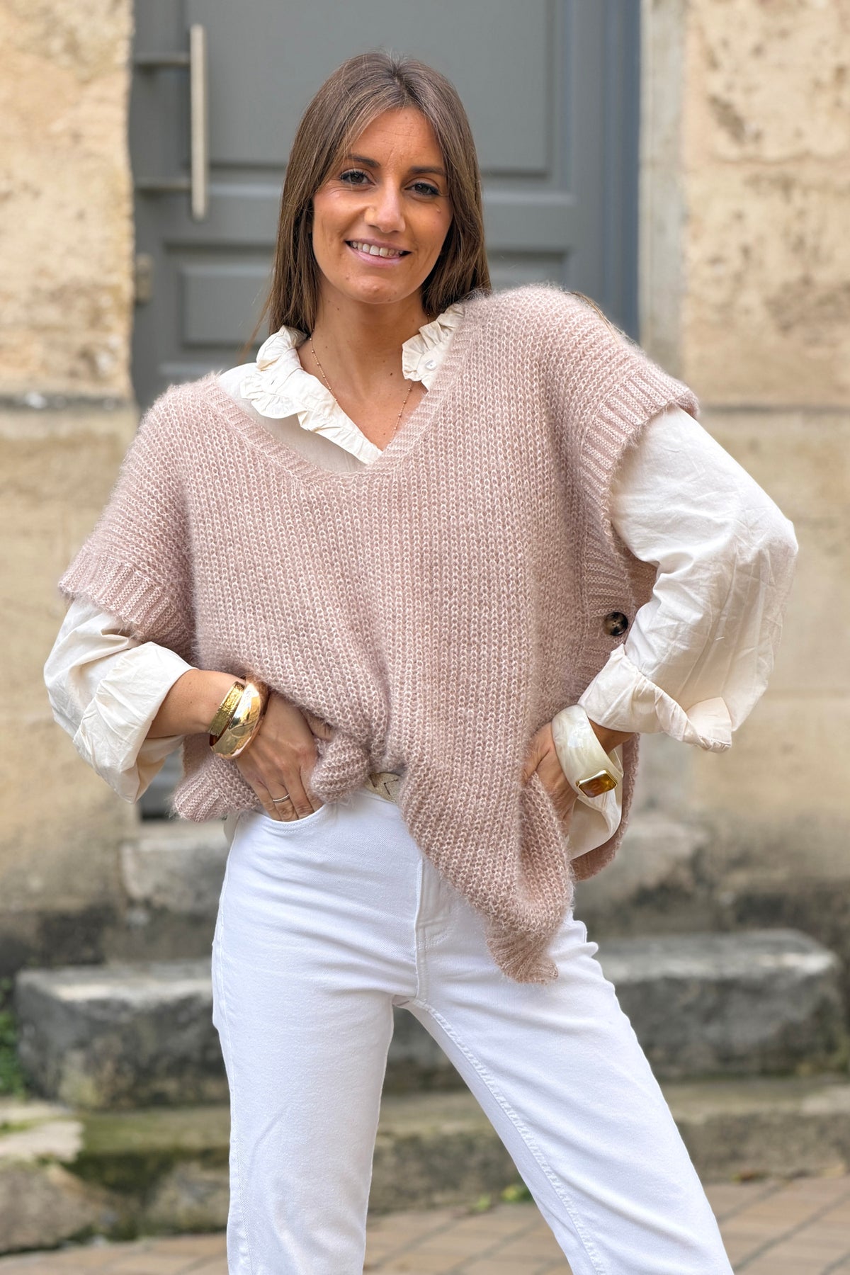 Cream V-Neck Cap Sleeve Mohair Sweater