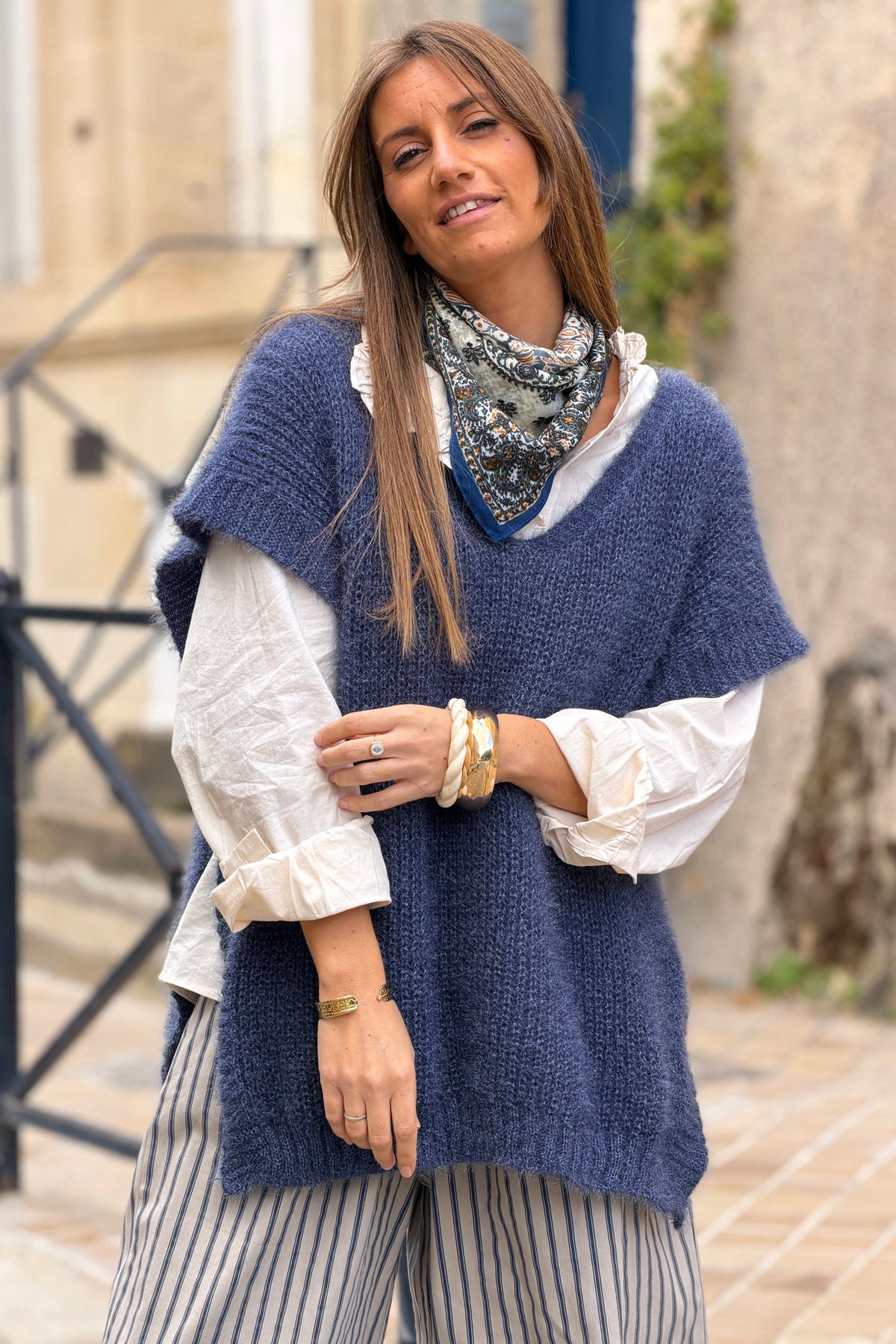 Blue V-Neck Cap Sleeve Mohair Sweater