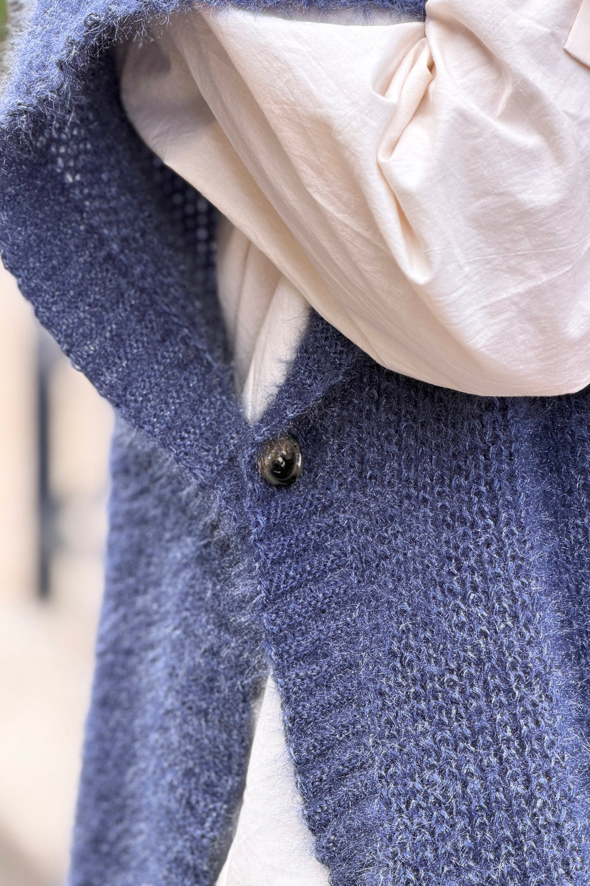 Blue V-Neck Cap Sleeve Mohair Sweater