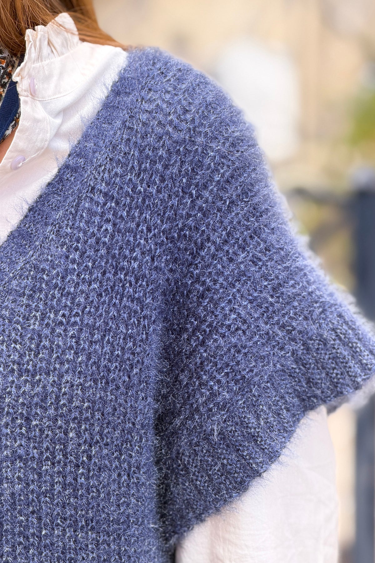 Blue V-Neck Cap Sleeve Mohair Sweater