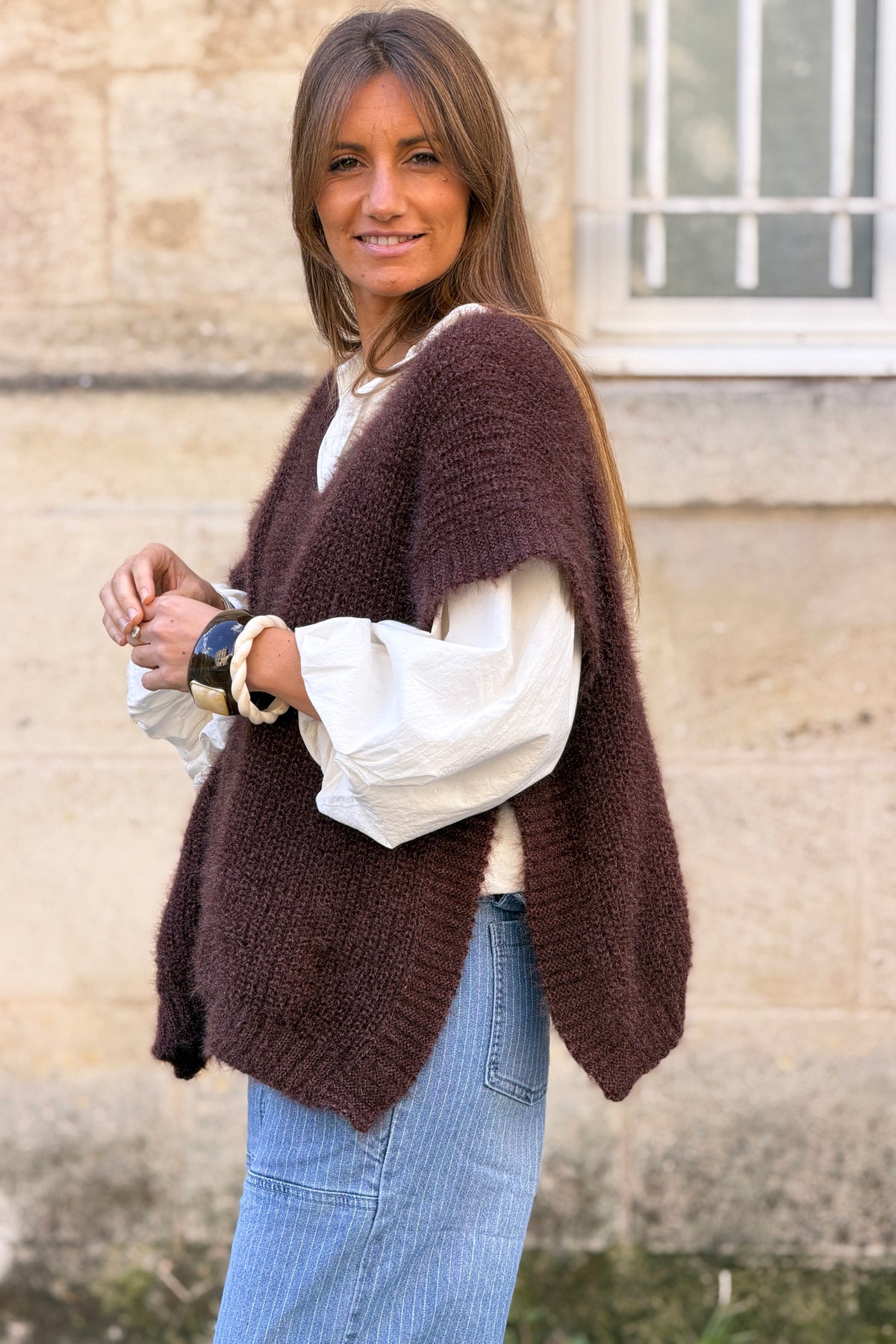 Mocha Brown V-Neck Cap Sleeve Mohair Sweater