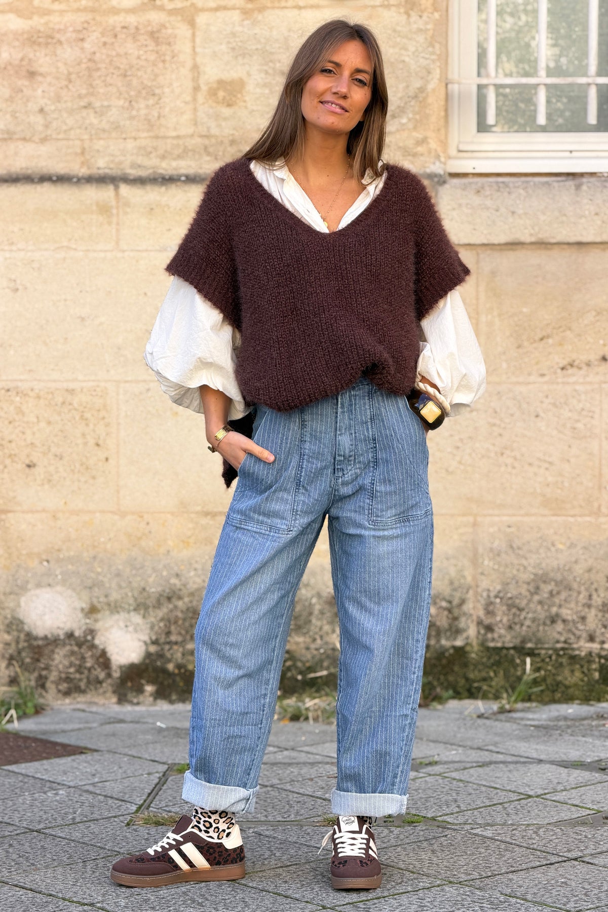 Mocha Brown V-Neck Cap Sleeve Mohair Sweater