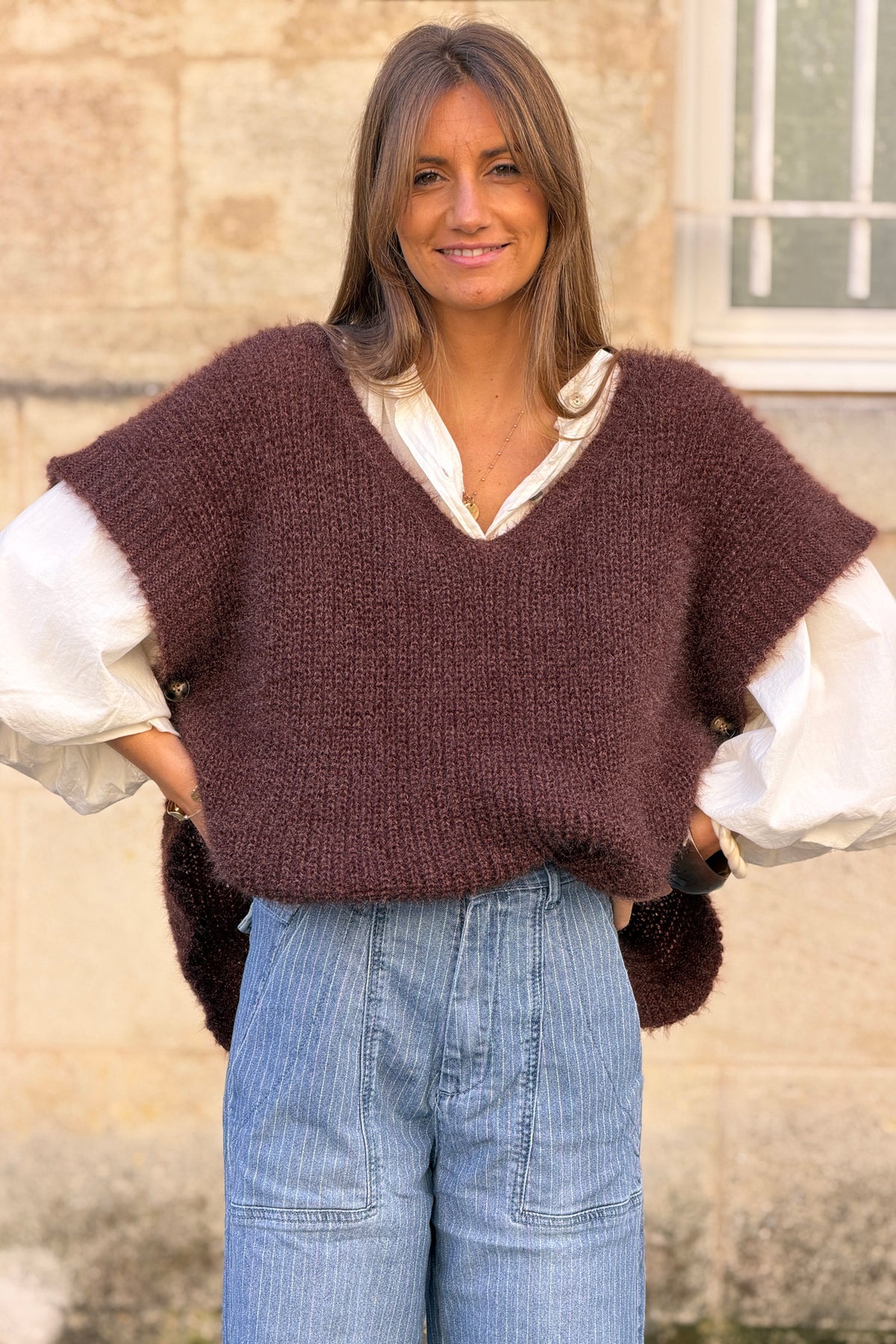Mocha Brown V-Neck Cap Sleeve Mohair Sweater
