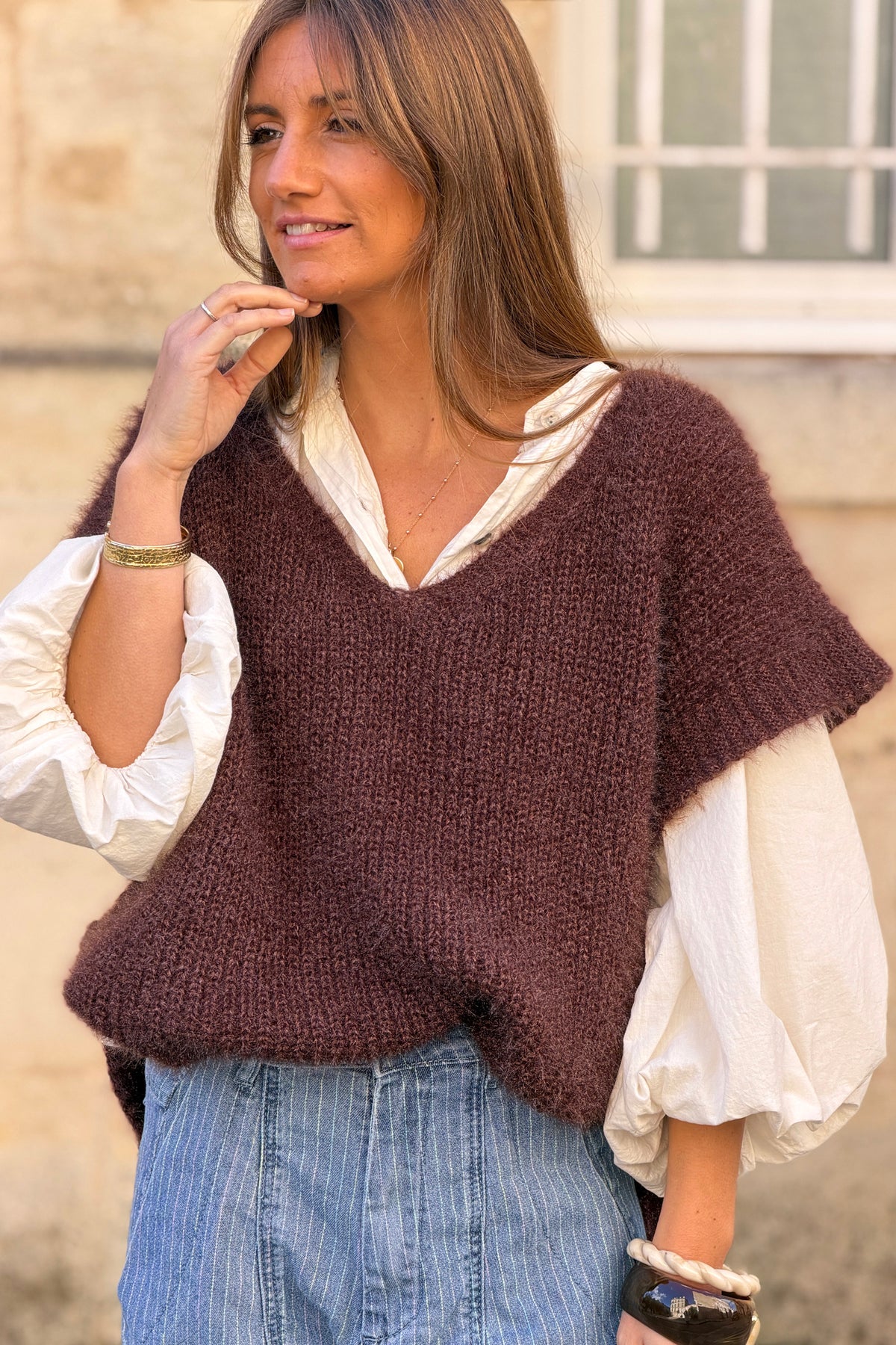 Mocha Brown V-Neck Cap Sleeve Mohair Sweater