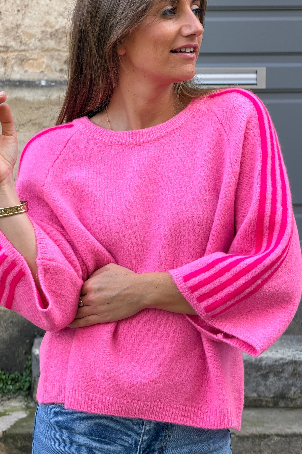 Fuchsia Fuzzy Knit Racing Stripe Sweater