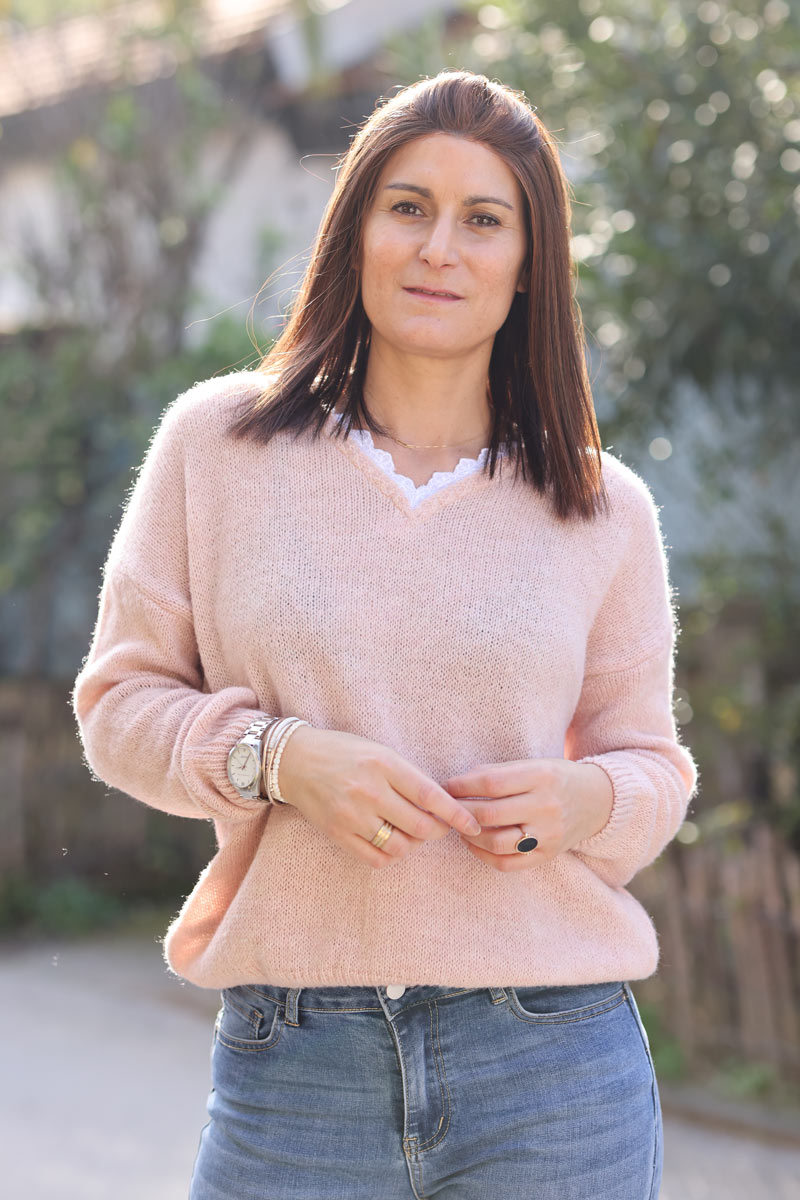 Powder pink wool blend sweater with lace detail