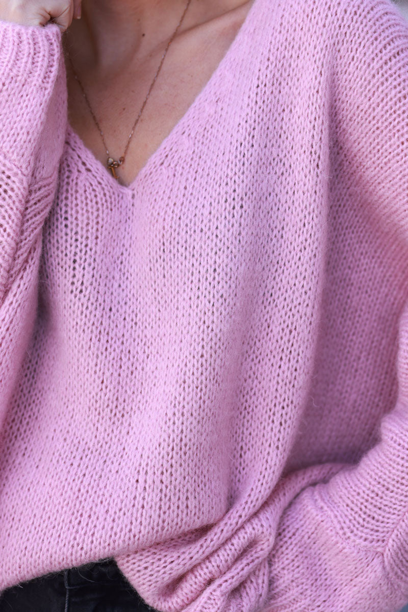 Powder pink Woollen v-neck Sweater with Batwing sleeves