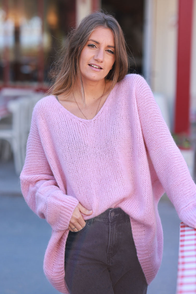 Powder pink Woollen v-neck Sweater with Batwing sleeves