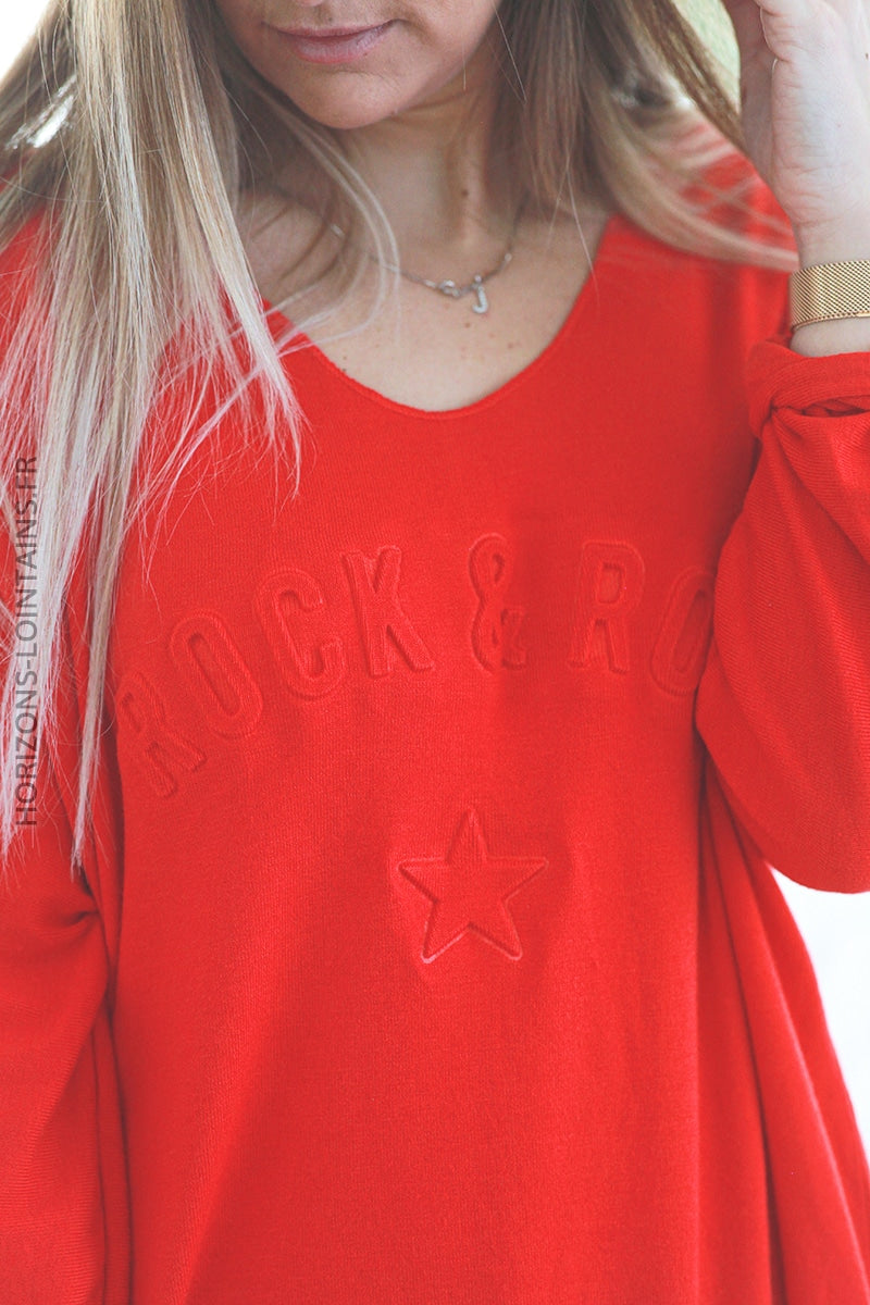Pull rouge col v rock and roll relief D182 (1)